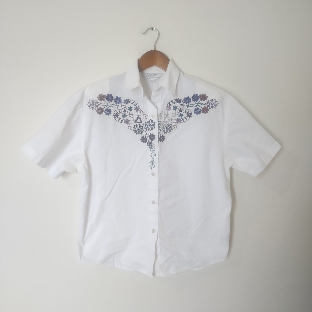 Vintage Cherokee Painted Button Up Shirt Womens Medium Floral Shoulder Pads 90s